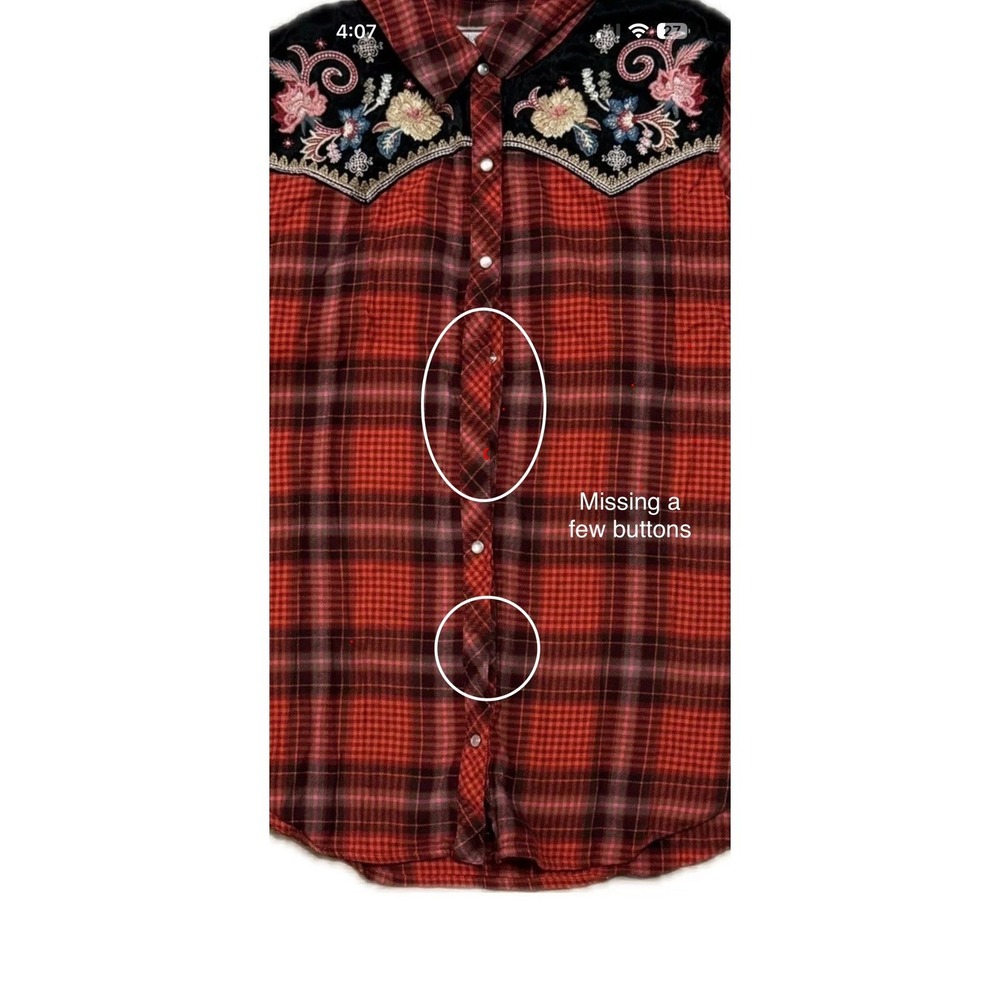 Johnny Was Workshop Red Plaid Embroidered Velvet Yoke Western Snap Shirt Medium - Picture 6 of 7